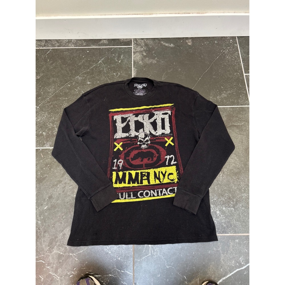 Ecko Unltd y2k 2000s MMA Shirt Mens 2XL Black Waffle Knit Thermal Long Sleeve